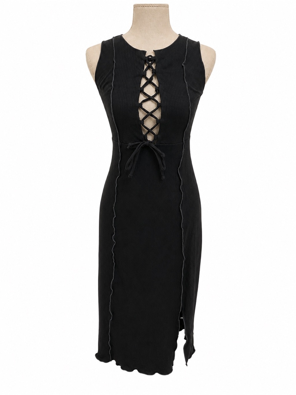 Wild Fable Black Lace-Up Ribbed Midi Dress